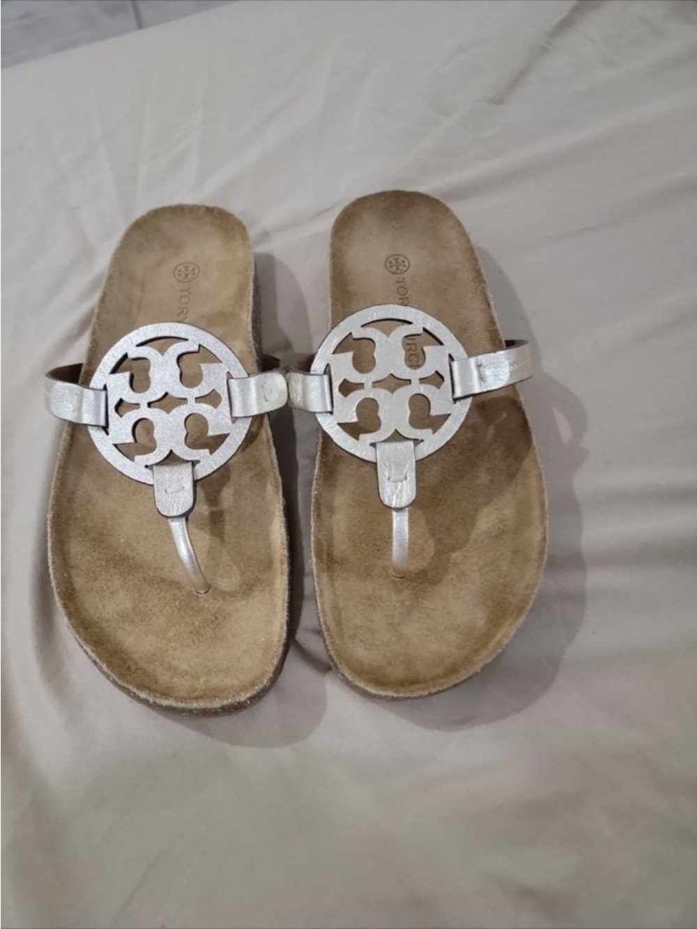 Tory Burch Silver Logo Thong Sandals